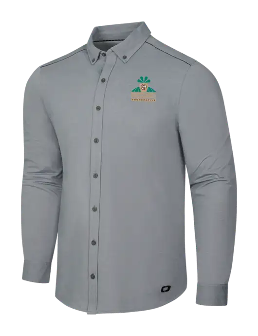 OGIO Medium Grey Heather Modern Code Stretch Button-Up Shirt w/Minn-Dak Farmers Cooperative Logo
