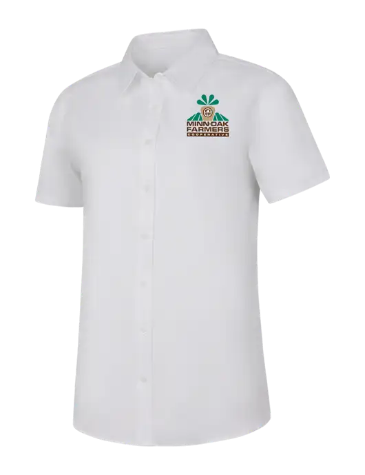 Womens White Short Sleeve Superpro React Twill Shirt w/Minn-Dak Farmers Cooperative Logo