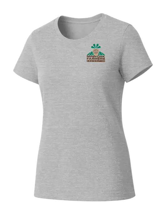 Womens Seriously Soft Light Heathered Grey T-Shirt w/Minn-Dak Farmers Cooperative Logo