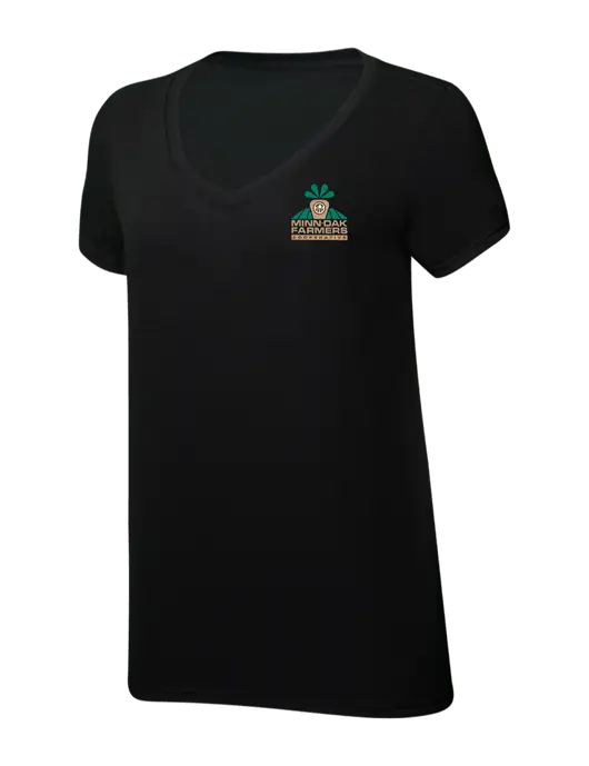 Womens Simply Soft V-Neck Black 4.5oz  Poly/Combed Ring Spun Cotton T-Shirt w/Minn-Dak Farmers Cooperative Logo