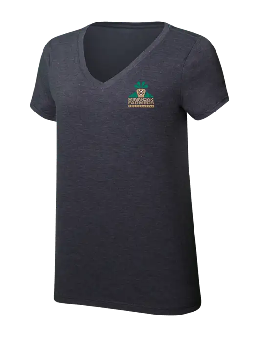 Womens Simply Soft V-Neck Heather Charcoal 4.5oz  Poly/Combed Ring Spun Cotton T-Shirt w/Minn-Dak Farmers Cooperative Logo