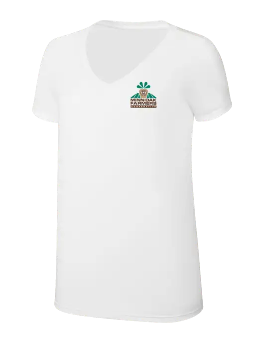 Womens Simply Soft V-Neck White 4.5oz  Poly/Combed Ring Spun Cotton T-Shirt w/Minn-Dak Farmers Cooperative Logo