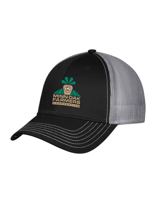 Black/Medium Dark Grey Mesh Trucker Cap Snap Back w/Minn-Dak Farmers Cooperative Logo