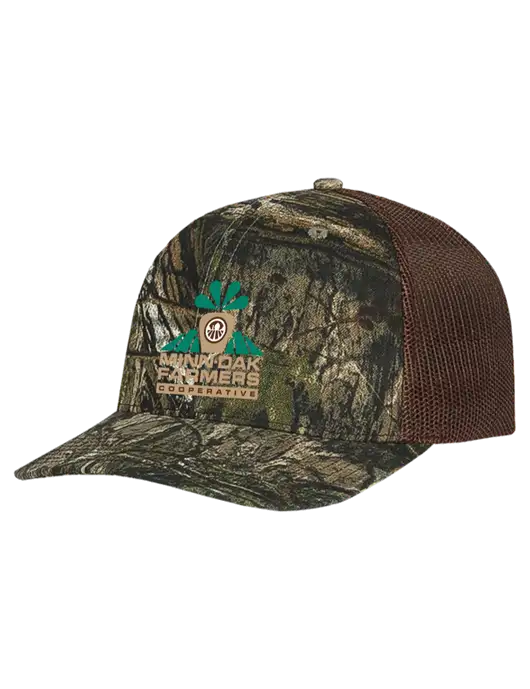 Mossy Oak Country DNA Camo/Brown Mesh Trucker Cap Snap Back w/Minn-Dak Farmers Cooperative Logo