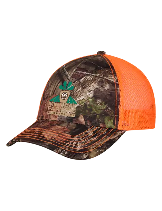 Country Orange Mossy Oak Camo Mesh Trucker Cap Snap Back w/Minn-Dak Farmers Cooperative Logo