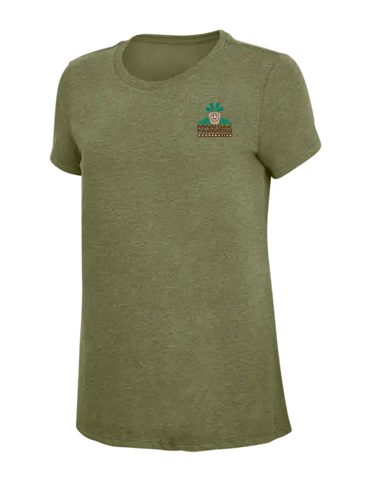 Womens Simply Soft Military Green Frost 4.5oz Poly/Combed Ring Spun Cotton T-Shirt
 w/Minn-Dak Farmers Cooperative Logo