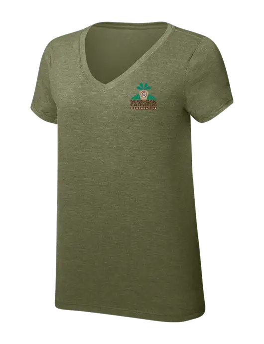 Womens Simply Soft V-Neck Military Green Frost 4.5oz  Poly/Combed Ring Spun Cotton T-Shirt w/Minn-Dak Farmers Cooperative Logo