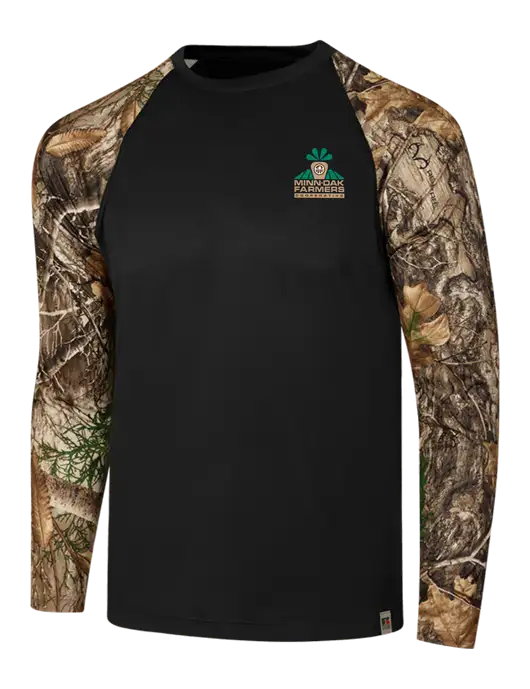 Russell Outdoors Black/Realtree Edge Camo Colorblock Performance Long Sleeve T-Shirt w/Minn-Dak Farmers Cooperative Logo
