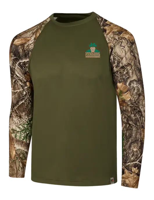 Russell Outdoors Olive/Realtree Edge Camo Colorblock Performance Long Sleeve T-Shirt w/Minn-Dak Farmers Cooperative Logo