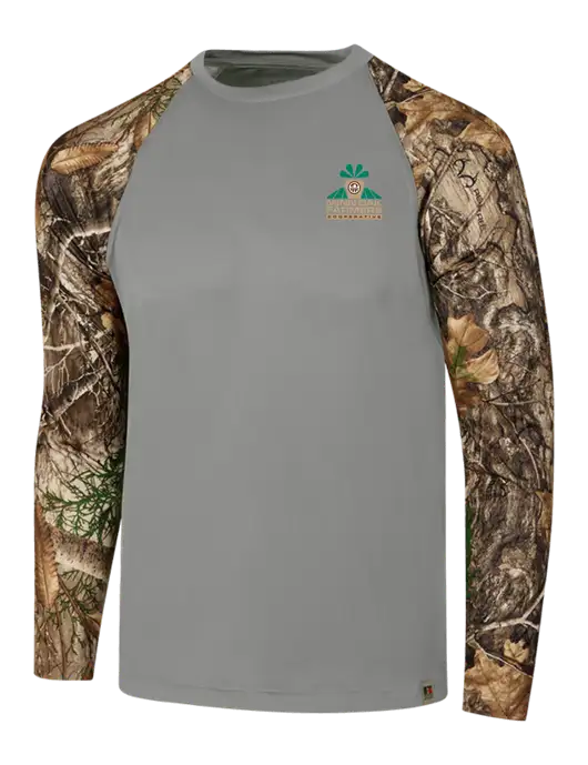 Russell Outdoors Medium Grey/Realtree Edge Camo Colorblock Performance Long Sleeve T-Shirt w/Minn-Dak Farmers Cooperative Logo