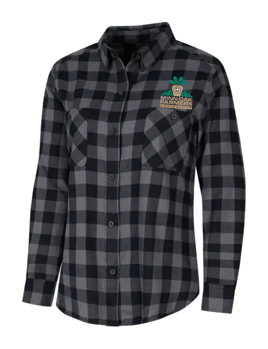 Womens Medium Grey/Black Buffalo Check Plaid Flannel Shirt w/Minn-Dak Farmers Cooperative Logo