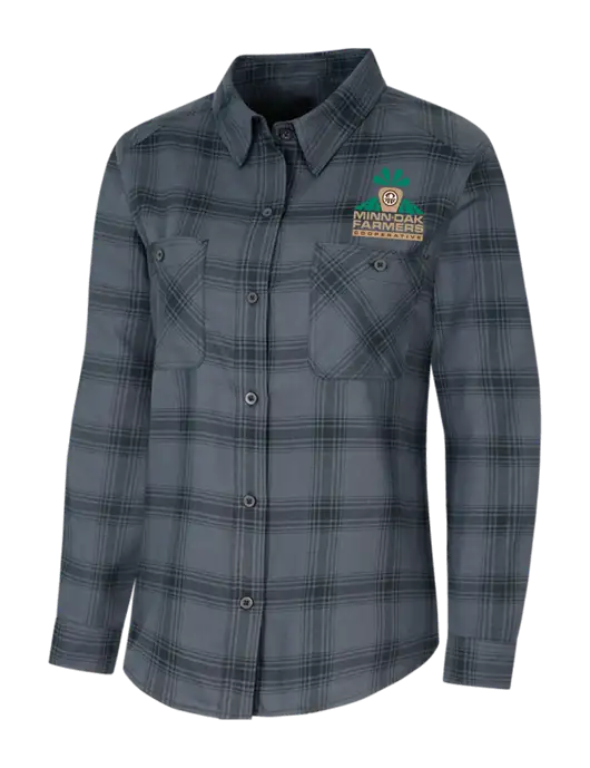 Womens Grey/Black Plaid Flannel Shirt w/Minn-Dak Farmers Cooperative Logo
