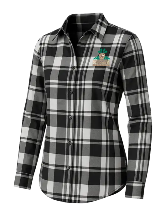 Womens White/Black Plaid Flannel Tunic w/Minn-Dak Farmers Cooperative Logo