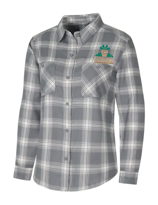 Womens Medium Grey/Cream Plaid Flannel Shirt w/Minn-Dak Farmers Cooperative Logo