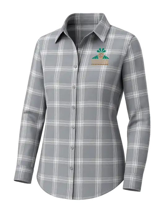 Womens Medium Grey/Cream Open Plaid Flannel Tunic w/Minn-Dak Farmers Cooperative Logo