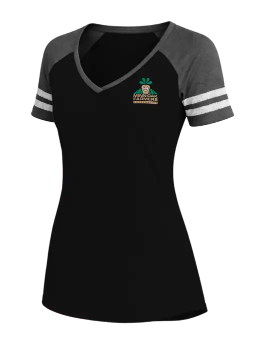 Womens Black/Charcoal Heather V-Neck Game Tee w/Minn-Dak Farmers Cooperative Logo