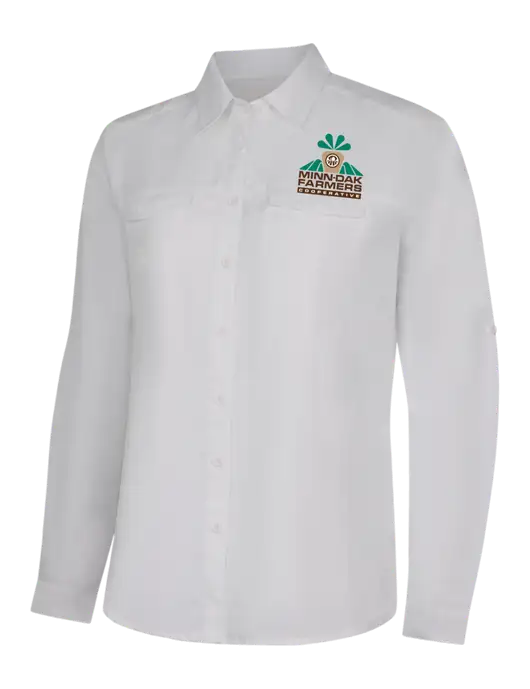 Womens White Long Sleeve UV Daybreak Shirt w/Minn-Dak Farmers Cooperative Logo