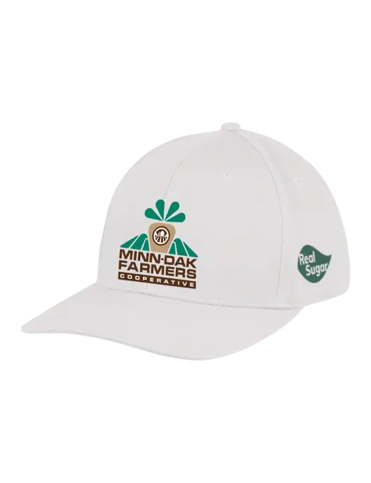 Premium Modern Structured Twill White Snapback Cap w/Minn-Dak Farmers Cooperative Logo, Real Sugar Logo