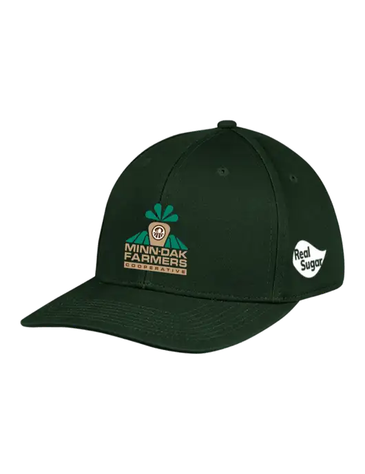 Premium Modern Structured Twill Dark Green Snapback Cap w/Minn-Dak Farmers Cooperative Logo, Real Sugar Logo