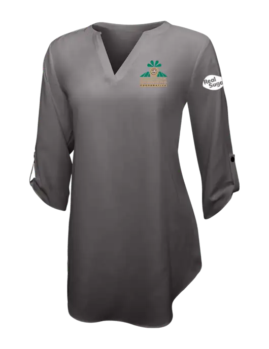 Dark Grey Womens 3/4 Sleeve Tunic Blouse w/Minn-Dak Farmers Cooperative Logo, Real Sugar Logo