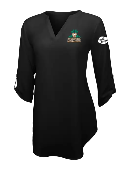 Womens Black 3/4 Sleeve Tunic Blouse w/Minn-Dak Farmers Cooperative Logo, Real Sugar Logo