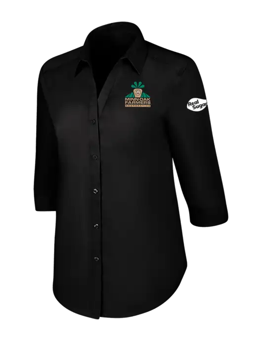 Womens Black 3/4 Sleeve Carefree Poplin Shirt w/Minn-Dak Farmers Cooperative Logo, Real Sugar Logo