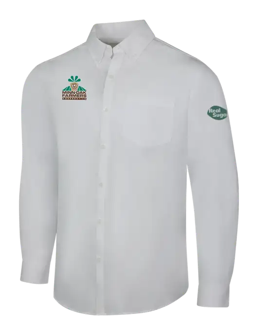 White Long Sleeve Carefree Poplin Shirt w/Minn-Dak Farmers Cooperative Logo, Real Sugar Logo