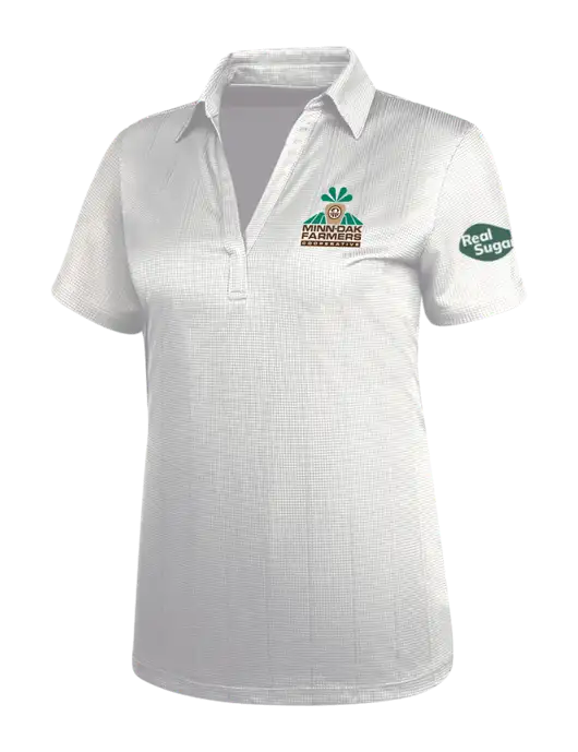 White Womens Performance Fine Jacquard Polo w/Minn-Dak Farmers Cooperative Logo, Real Sugar Logo