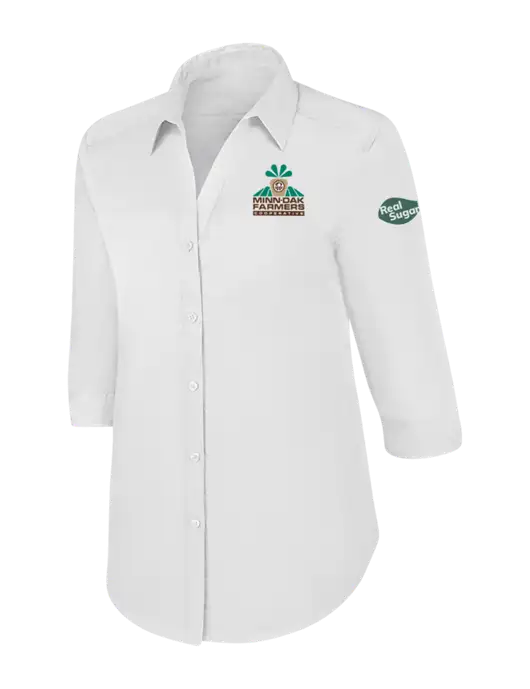 Womens White 3/4 Sleeve Carefree Poplin Shirt w/Minn-Dak Farmers Cooperative Logo, Real Sugar Logo