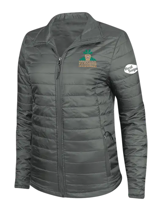 Dark Grey Womens Puffy Packable Jacket w/Minn-Dak Farmers Cooperative Logo, Real Sugar Logo