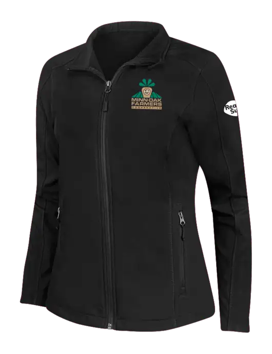 Black Womens Core Soft Shell Jacket w/Minn-Dak Farmers Cooperative Logo, Real Sugar Logo