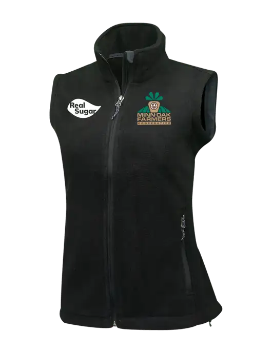 Womens Black Fleece Vest w/Minn-Dak Farmers Cooperative Logo, Real Sugar Logo