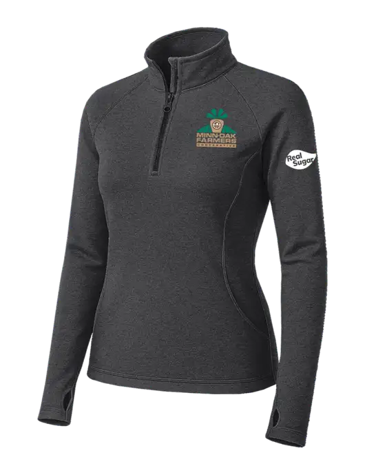 Dark Grey Heather Womens Sport Wick Stretch 1/4 Zip Pullover w/Minn-Dak Farmers Cooperative Logo, Real Sugar Logo