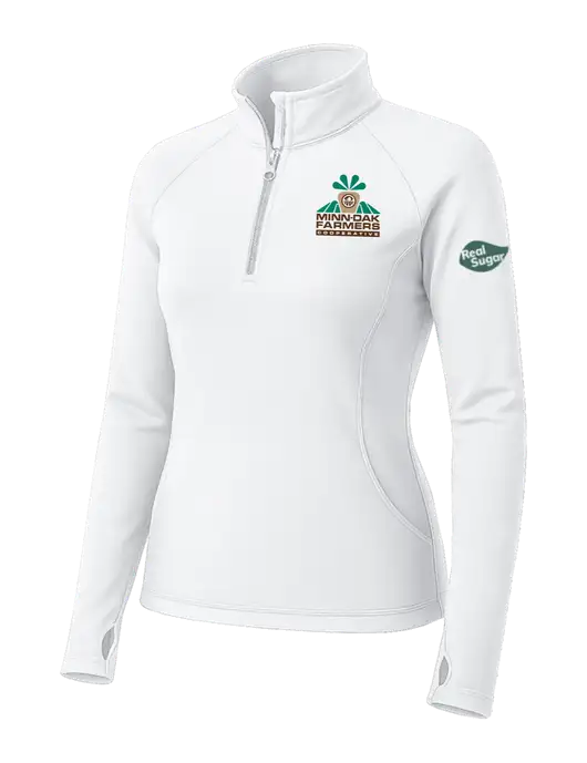 White Womens Sport Wick Stretch 1/4 Zip Pullover w/Minn-Dak Farmers Cooperative Logo, Real Sugar Logo