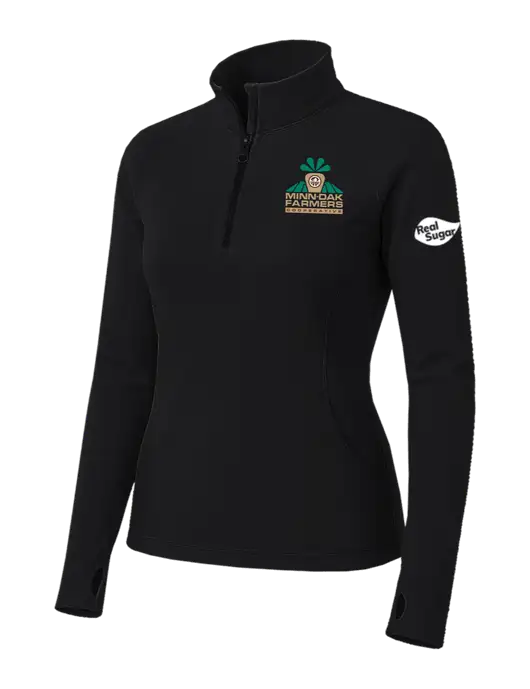 Womens Black Sport Wick Stretch 1/4 Zip Pullover w/Minn-Dak Farmers Cooperative Logo, Real Sugar Logo