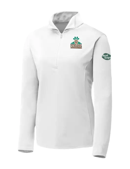 White Womens Posicharge Competitor ¼ Zip Pullover w/Minn-Dak Farmers Cooperative Logo, Real Sugar Logo