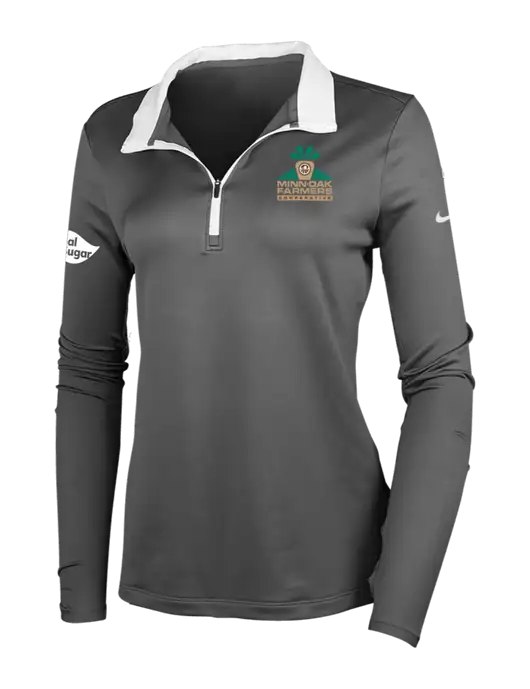 NIKE Dark Grey/White Womens Dry-Fit Stretch 1/2 Zip Cover-Up w/Minn-Dak Farmers Cooperative Logo, Real Sugar Logo