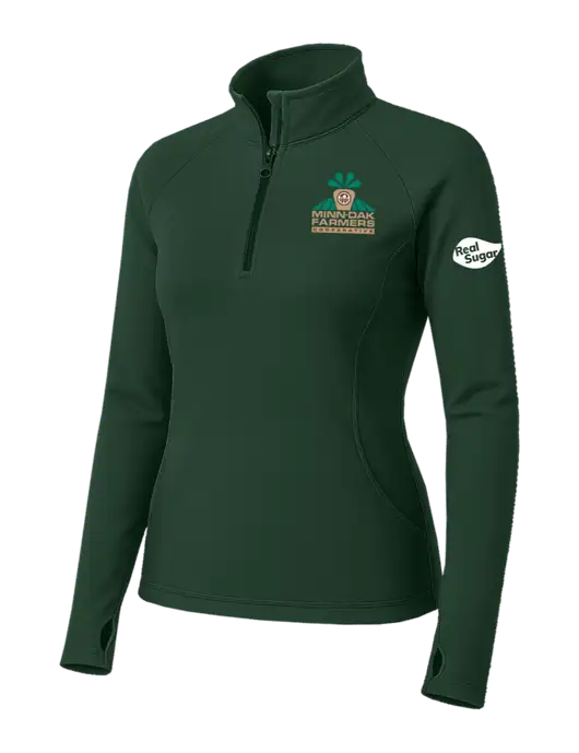 Dark Green Womens Sport Wick Stretch 1/4 Zip Pullover w/Minn-Dak Farmers Cooperative Logo, Real Sugar Logo