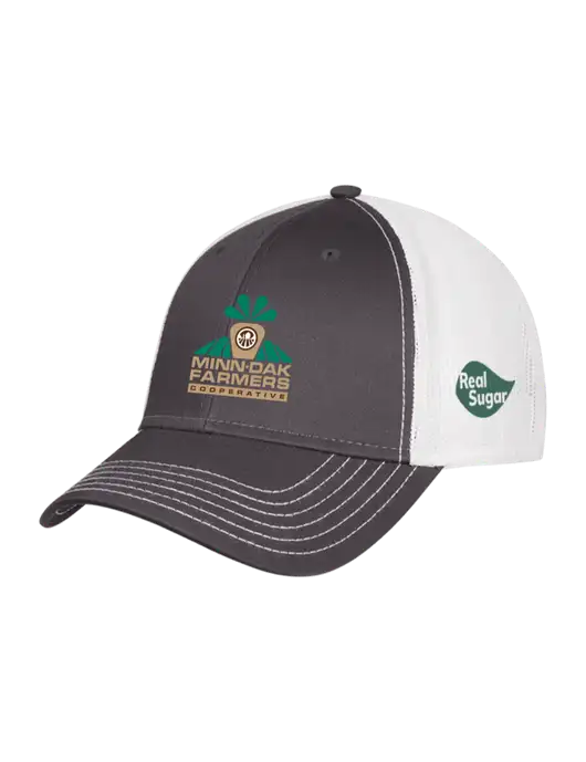 Dark Grey/White Mesh Trucker Cap Snap Back w/Minn-Dak Farmers Cooperative Logo, Real Sugar Logo