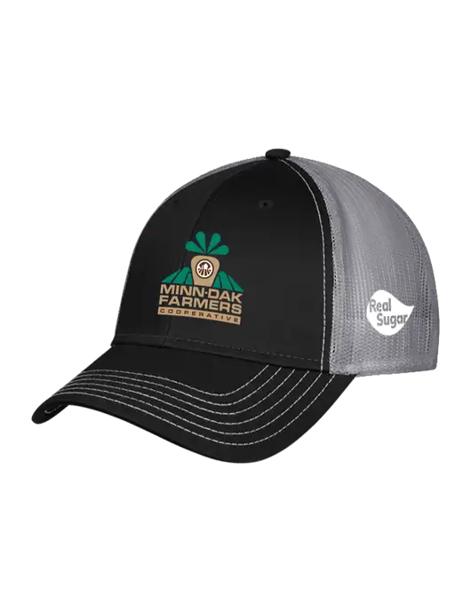 Black/Medium Dark Grey Mesh Trucker Cap Snap Back w/Minn-Dak Farmers Cooperative Logo, Real Sugar Logo
