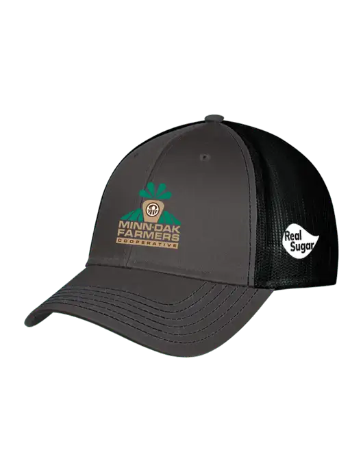 Charcoal & Black Mesh Trucker Cap Snap Back w/Minn-Dak Farmers Cooperative Logo, Real Sugar Logo