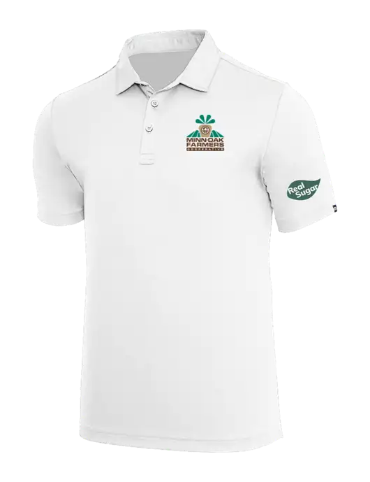 TravisMathew White Coto Performance Polo w/Minn-Dak Farmers Cooperative Logo, Real Sugar Logo