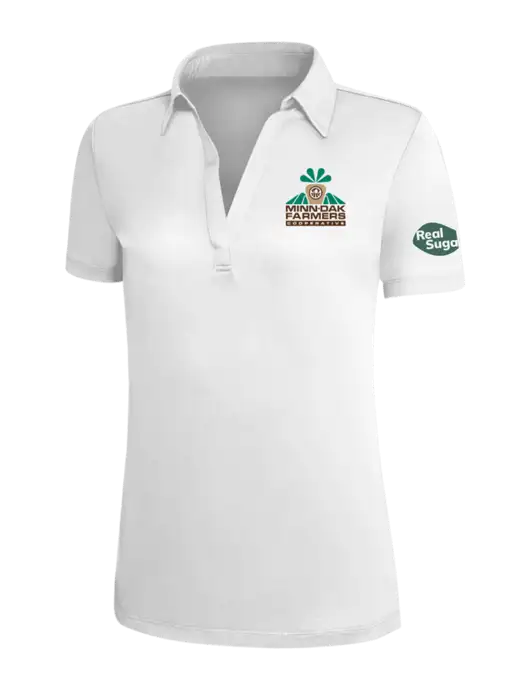 White Silk Touch Womens Performance Polo w/Minn-Dak Farmers Cooperative Logo, Real Sugar Logo
