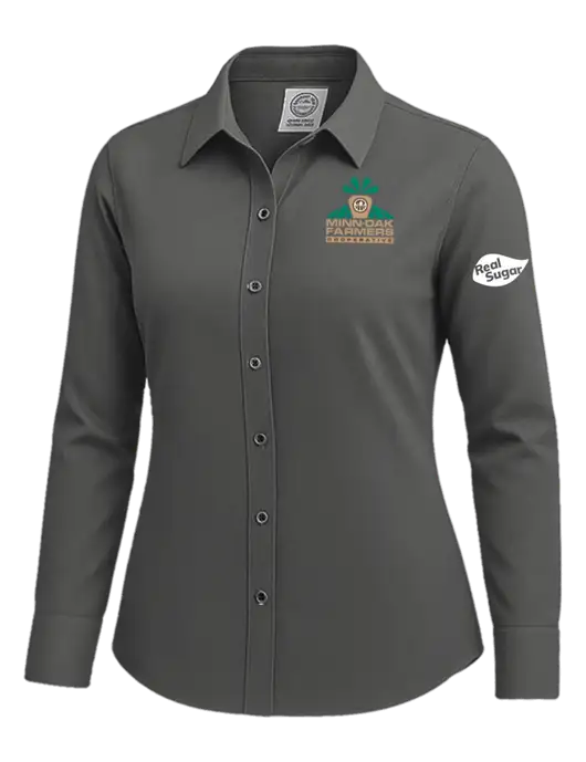 Brooks Brothers Womens Dark Grey Wrinkle-Free Stretch Nailhead Shirt w/Minn-Dak Farmers Cooperative Logo, Real Sugar Logo