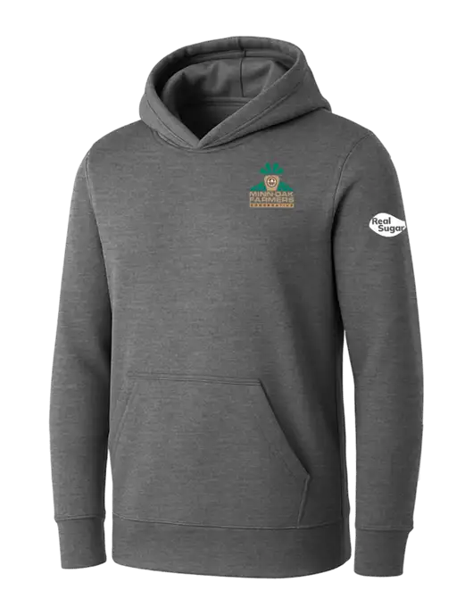 Womens Medium Grey Heather Core Fleece Pullover Hooded Sweatshirt w/Minn-Dak Farmers Cooperative Logo, Real Sugar Logo