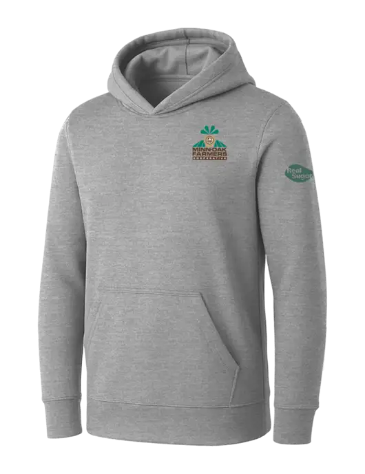Womens Light Grey Heather Core Fleece Pullover Hooded Sweatshirt w/Minn-Dak Farmers Cooperative Logo, Real Sugar Logo
