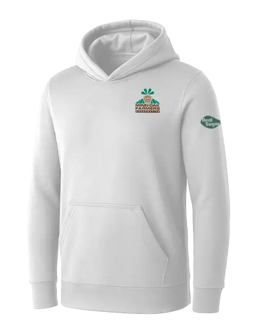 Womens White Core Fleece Pullover Hooded Sweatshirt w/Minn-Dak Farmers Cooperative Logo, Real Sugar Logo