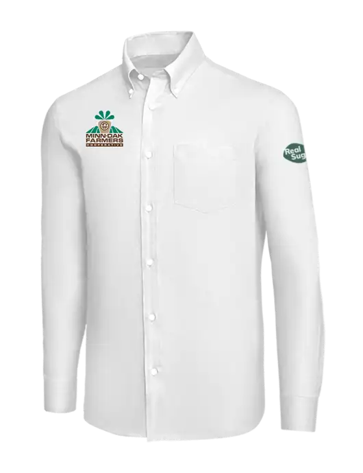 Brooks Brothers White Wrinkle-Free Stretch Nailhead Shirt w/Minn-Dak Farmers Cooperative Logo, Real Sugar Logo
