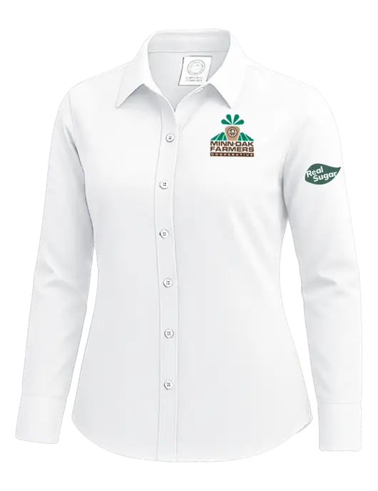 Brooks Brothers Womens White Wrinkle-Free Stretch Nailhead Shirt w/Minn-Dak Farmers Cooperative Logo, Real Sugar Logo