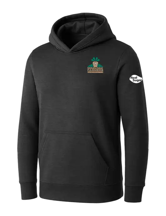 Womens Dark Grey Heather Core Fleece Pullover Hooded Sweatshirt w/Minn-Dak Farmers Cooperative Logo, Real Sugar Logo